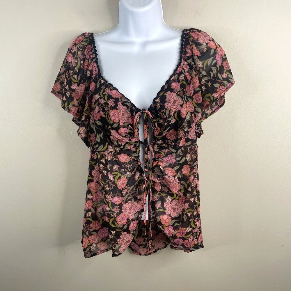 Whimsigoth Top NWT Womens Medium Floral Ruffle Bow Tie Front Feminine Fairy
